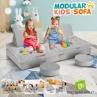 Modular Kids Sofa Set 6Pcs Play Couch Convertible Lounge Chair Folding Grey