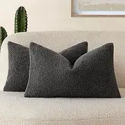 Foindtower Pack of 2, Curly Faux Fur Decorative Throw Pillow Covers Soft Neutral Plush Cushion Case with Zipper Cozy Pillowcase for Home Living Room Couch Bed Sofa 12 x 20 Inch,Dark Gray