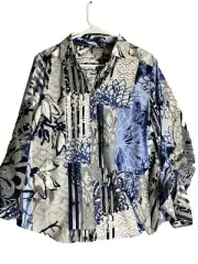 Chicos Womens Sophia Floral Stripe Button Up Blouse Size 2 Medium Career Satin
