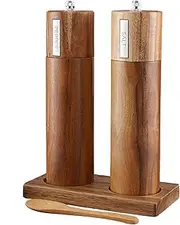 [TEOM] Wooden Salt and Pepper Grinder Set, Acacia Wood & Refillable Manual Herb Spice Grinder Mills with Wooden Tray and Spoon, Pepper Grinder Wooden Manual & Salt Shaker Mills Set, Kitchen Hand Grinder