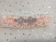 Wedding Day Brides Garter, Blush PiNk Lace Rhinestone Embellishment.Plus Sizes