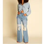 BILLABONG X WRANGLER HIGH RISE MEDIUM WASH PATCHWORK STRAIGHT CROP JEAN 28