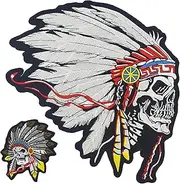 Native American Indian Skull Headdress Embroidered Patches - Large & Small Set of 2 Pieces for Motorcycle Jacket & Vest