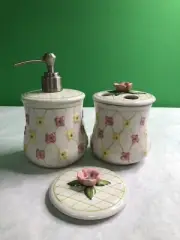 LONGABERGER DOGWOOD LATTICE SOAP DISPENSER TOOTHBRUSH HOLDER Vanity SET