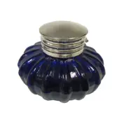 Antique Style Reproduction 3" Cobalt Blue Thick Glass Inkwell Nickel Lid New