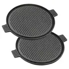 NNEAGS 2X 43cm Round Ribbed Cast Iron Frying Pan Skillet Steak Sizzle Platter wi