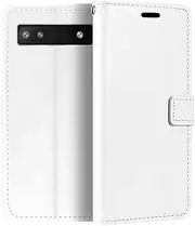 PU Leather Phone Wallet Case Compatible with Google Pixel 6A, Magnetic Flip Cover with Card Slots, Full Protection and Stand Function (White)