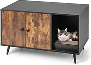 COSTWAY Wooden Cat Litter Box Enclosure, Hidden Cat Box Cabinet Furniture w/Doors, Removable Scratch Box, Cat Washroom House End Table for Indoor Cat (Walnut)