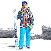 [7HAHA3] Boys Snowsuit Youth Snowboard Ski Jacket Pants Set Children Hooded Striped Ski Coat Warm in -30°C (-22℉)