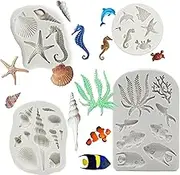 MIZOXY 4PCS Marine Theme Fondant Silicone Mold - Seaweed, Fish, Crab, Coral, Conch, Shells Shape - DIY Handmade Baking Tools - Under the Sea Cake Mold