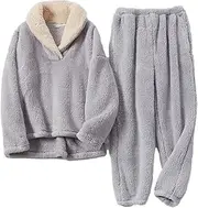 [Peaceglad] Mens Fluffy Coral Fleece Pajamas Set Pullover Pants Loose Plush Warm Loungewear Sleepwear