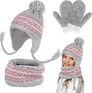 [KiRYu] Kids Winter Hat Scarf Gloves Set, 3 in 1 Warm Beanie Thermal Knitted Cap Gloves Neck Warmer Grey Pom Bobble Fluffy Hat Toddler Soft Fleece Outdoor Winter Accessories Sets 5-10 Girls