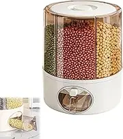 360° Rotating Grain Storage Container - 6-Grid Transparent Rice Dispensers w/One-Click Output for Rice, Legumes, Red Beans - Kitchen Dry Food Organizer w/Drawers (White,Large)