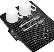 Premium Silicone Dish Drying Mat for Kitchen Sink | Non-Slip Drainage Pad with Built-in Water Channels, Heat Resistant Stone Texture Design | Protects Benchtops 40x33cm (Black)
