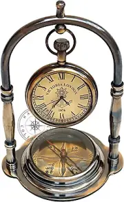 Brass Desk Clock Nautical Antique Marine Compass Watch Collectible Vintage Gifts