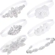 [Juinte] 6 Pcs White Baptism Headband for Baby Girl Toddler Elastic Christening Headbands Chiffon Flower Crystal Lace Infant White Head Bands Gifts Birthday Baby Shower Party(1-3 Months)