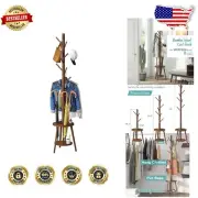 Adjustable Height Coat Stand with Umbrella Holder & 8 Hooks in Brown Finish