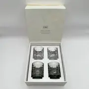CB2 Tiki Shot Glasses Clear Dark Modern Retro Whiskey Liquor Embossed Set Of 4