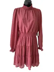 NWT Sweet Wanderer Chiffon Dress Size Medium Mauve Long Sleeves High Neck Lined