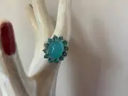 RARE VINTAGE QVC STERLING 1.75 Ct. APATITE & TEAL CHALCEDONY RING SZ 6 THAILAND