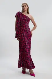 Petite Velvet Sequin One Shoulder Woven Maxi Dress
