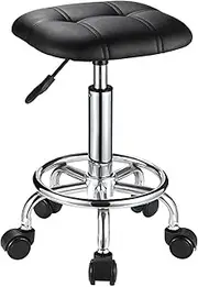 FNZIR Square PU Cushion Rolling Stool with Wheels Height Adjustable Swivel Stools Chair Black