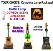 YOUR CHOICE of Liquor Bar Bottle Table LAMP with COWBOY Shade & LED Light Bulb