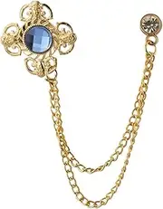 [A N KINGPiiN] AN KINGPiiN Blue Shimmer Stone with Gold Engraving Chain Lapel Pin, Brooch Suit Stud, Shirt Studs Men's Accessories