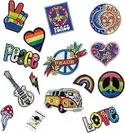 Joynaamn 14 PCS Iron on Patches for Clothing, Embroidered Decoractive Applique with Sewing Kit for Backpack Jackets Jeans Shirt, Sew on DIY Vintage Patches for 1970s Party, Hippie Aesthetic