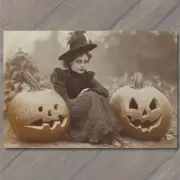 POSTCARD Victorian Woman with Jack-O’-Lanterns Pumpkins Halloween Vintage Style