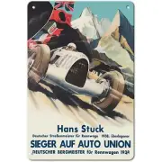 Auto Union Hans Stuck Racing Vintage Tin Sign Man Cave Wall Art Decor