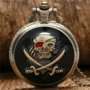 Vintage Bronze Skull Pirate Quartz Pocket Watches with Necklace Chain for Men