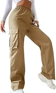 [Generic] Women's High Waisted Cargo Pants Baggy Stretchy Straight Leg Pants Lightweight Casual Hiking Trousers for Streetwear