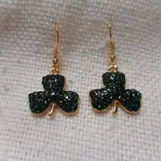 NEW Irish Shamrock Emerald Crystal Stone Dangle Earrings