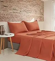 Vintage Washed Microfibre Sheet Set - Ultra Soft, Breathable & Hypoallergenic for Year-Round Comfort (Terracotta, Double)