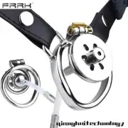FRRK Negative Chastity Belt PU Bandage Straps for Male Metal Peni Rings Cage