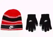 NIKE Youth Winter Hat Beanie 2 Piece Red Black White Stripe Hat + Gloves NWT