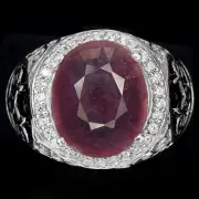 GENUINE OVAL13x11mmRED PINK RUBY SOLITAIRE,W.CZ ACCENTS 925 SILVER MEN'S RING 11