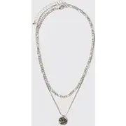 Mens Silver Layered Chain Pendant Necklace