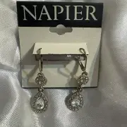 Vintage NWT Napier Silver Tone Rhinestone Halo Teardrop Earrings 1.5”