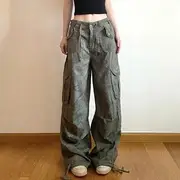 Low Rise Camo Print Wide Leg Cargo Pants Camouflage - Army Green - L