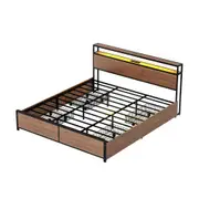 Metal Bed Frame King Size with 2-Tier Storage Headboard Metal Platform with 4 Storage Drawers Built in Charging Station & LED Noise-Free/Metal Support/No Box Spring Needed Vintage Brown