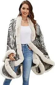 [BAILEYU] Women Knitted Cape Coat Peacock Flower Warm Cardigan Poncho Faux Fur Shawl Cloak Oversize Wrap Stole for Autumn Winter,Apricot,One Size