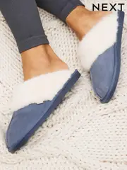 Denim Blue Suede Faux Fur Lined Mule Slippers (N35339) | $41