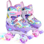 Rainbow Unicorn Kids Roller Skates for Girls Boys Toddler Ages 3-6,4-Pejiijar Adjustable Roller Shoes with Luminous Wheels for Birthday Xmas Gifts