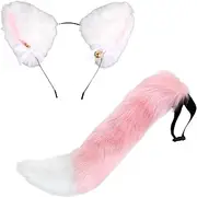 Cat Ears Fox Tail Handmade Plush Tail Set for Role Playing, Artificial Fur Headwear, Party Costumes (pink)