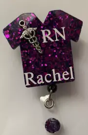 Scrub Top retractable badge holder personalized With Charm Added.
