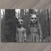 FLATCARD Eerie Forest Encounter Mysterious Horned Masked Children Woods Dress
