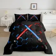 Neon Red Blue Lightsaber Bedding Set Twin Size Geometric Honeycomb Comforter ...