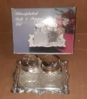 Salt And Pepper Shakers with Silver Plated Tray Mini Cut Glass